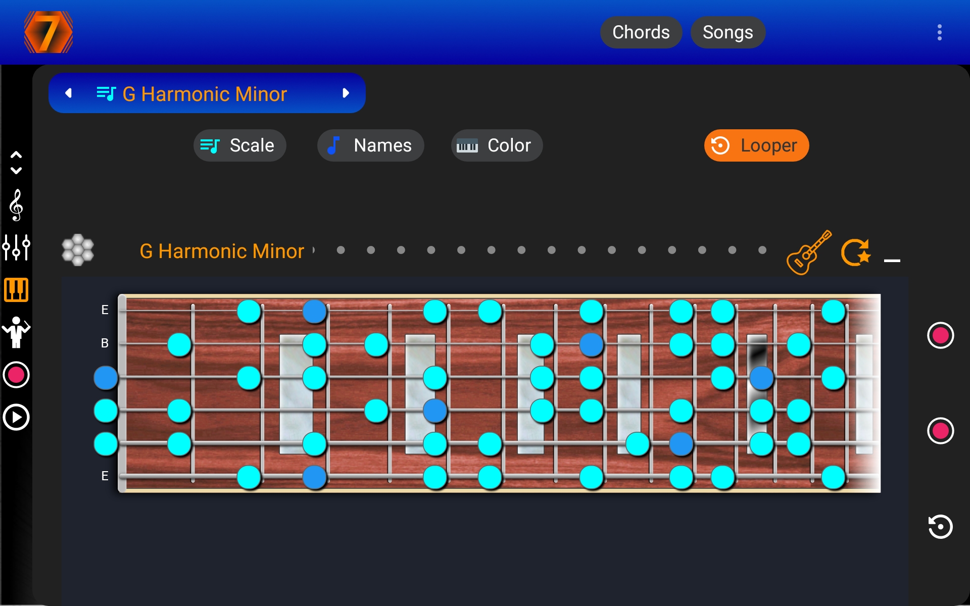 guitar fret-board view no interval colors